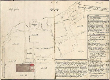 Schloss und Schlossgarten Schwetzingen -  Grundrissplan / Lageplan, 1768 - "Plann über das gantze Schwetzingen, wie auch deren Plätz, welche ernenet worden, ein Closter für die R. P. Franciscanern derauf zu erbauen ..."; Lageplan, Schloß, Kloster und Klosterkirche im Grundriß, Ort im Gesamtgrundriß mit Straßenzügen. Straßen mit Namen, Maulbeerbaumallee, neue Straße nach Mannheim (baumbestanden) und Bach eingezeichnet. Schloßgärten, Kirchhof, Plätze und angrenzendes Ackerfeld eingetragen. Einige Grundstücke unterteilt und mit Nr., Besitzernamen und Größe, Erklärung in der Legende. (Bildnachweis: Generallandesarchiv Karlsruhe H Schwetzingen 29, http://www.landesarchiv-bw.de/plink/?f=4-1748585)
