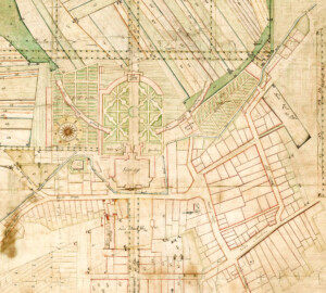 Schloss und Schlossgarten Schwetzingen - Ausschnitt aus dem Grundrissplan, nach 1756; "Grund-Ries üver die in Anno 1748 von Ihro Churfürst. Durchlaucht gnadigst verordnet und anbefohlen wordene nunmehro sogenannte Neue Statt in deren Schwetzinger Feldgütheren anzulegen"; Lageplan, Schloß, Nebengebäude, Orangerie und Gesandtenhaus, im Garten "Fasanenhaus" im Grundriß, Schloß-, Lust-, Gemüse- und Obstgarten; barocke Titelkartusche oben links, Kartusche rechts mit Namen der Auftraggeber und die der Kommission für die neue Orangerie und Gartenanlage, barocke Kartusche rechts unten mit mehreren Veduten (Bildnachweis: Generallandesarchiv Karlsruhe H Schwetzingen 2 Bild 1, http://www.landesarchiv-bw.de/plink/?f=4-1748561)