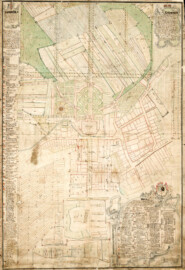 Schloss und Schlossgarten Schwetzingen - Grundrissplan, nach 1756; "Grund-Ries üver die in Anno 1748 von Ihro Churfürst. Durchlaucht gnadigst verordnet und anbefohlen wordene nunmehro sogenannte Neue Statt in deren Schwetzinger Feldgütheren anzulegen"; Lageplan, Schloß, Nebengebäude, Orangerie und Gesandtenhaus, im Garten "Fasanenhaus" im Grundriß, Schloß-, Lust-, Gemüse- und Obstgarten; barocke Titelkartusche oben links, Kartusche rechts mit Namen der Auftraggeber und die der Kommission für die neue Orangerie und Gartenanlage, barocke Kartusche rechts unten mit mehreren Veduten (Bildnachweis: Generallandesarchiv Karlsruhe H Schwetzingen 2 Bild 1, http://www.landesarchiv-bw.de/plink/?f=4-1748561)