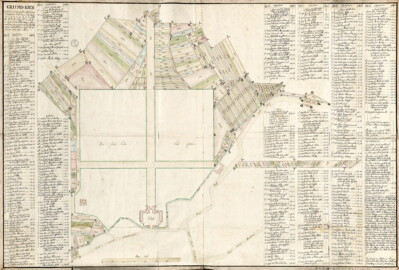 Schloss und Schlossgarten Schwetzingen -  Grundrissplan / Lageplan, 1766; - Plan für die Neuanlage des Schlosses und des neuen Gartens - "Grund-Ries über die jenige Güther, welche denen Schwetzinger Undertanen ... in Anno 1764 et 65 wegen abermalliger Vergrößerung des Churfürstl. Neuen Lust-Gardens sey[n]d abgegangen ..."; Lageplan, Grundstücke mit Nr. und Buchstaben, verschiedenfarbig gezeichnet. Erklärung, Größe und Besitzernamen in der Legende. Schloß, "Fasanenhaus". Kaserne und Mühle im Grundriß, Schloßhof, Alleen, Lustgarten, "Die Bach", Brücken (angedeutet), "Haupt-Allee", Weg nach Hockenheim, Straße durch Schwetzingen, Straße nach Mannheim und Kohlweg eingezeichnet (Bildnachweis: Generallandesarchiv Karlsruhe H Schwetzingen 4, http://www.landesarchiv-bw.de/plink/?f=4-1748563)