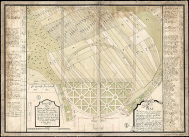 Schloss und Schlossgarten Schwetzingen -  Grundrissplan / Lageplan, 1753; Enteignungsplan für die Gartenerweiterung vom Jahre 1753; "Grund-Riß über einige Güther, so zu Ihro Chur-Fürstlichen Durchlaucht neu anzulegenden Lust-Garten angewendet und denen hierin specificirten damahligen Possesores anderwärtig widerum vergüthet worden in dem 1753ten Jahr und Plan des Gartens und kurze Erklärung derer in diesem Grund Riß abgemessenen Güther, welche zu Iho Chur Fürst[liche]n Durch[leuch]t neuen anzulegenden Lust-Garten seind ernennet worden ..."; Lageplan eines Teils des Schwetzinger Schlosses, der Orangerie mit Nebengebäuden, des Gesandtenhauses, -gartens, -stalls und -vorhauses und der westlich anschließenden Feldflur und des Viehtriebs mit Überplanung für den Lustgarten, Gemüsegarten, Obstgarten und neue Orangerie (Bildnachweis: Generallandesarchiv Karlsruhe H Schwetzingen 5 Bild 1, http://www.landesarchiv-bw.de/plink/?f=4-1748564)