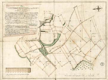 Schloss und Schlossgarten Schwetzingen -  Gemarkungsplan / Lageplan, 1749; - Plan für die Neuanlage des Schlosses und des neuen Gartens - "Plan über den zu Schwetzingen von tit. Bauintendenten Herrn ... zu Ahnlegung eines neuen Schloßbau- und Gartens ausgesteckten Feldt-District / Gemessen und aufgenommen Von Churpfaltz Renovatorn Krönert Im May 1749"; Teilgemarkungsplan, Grundstücksgrenzen farbig, Grenzsteine rund gezeichnet. Einzelne Grundstücke mit Buchstaben, Beschreibung in der Legende. Wald, Bach und Wege eingezeichnet. Neue Orangerie eingetragen. Titel wie auf zweimal eingerolltes Blatt gezeichnet. Vermessungslinien (Bildnachweis: Generallandesarchiv Karlsruhe H Schwetzingen 6, http://www.landesarchiv-bw.de/plink/?f=4-1748565)