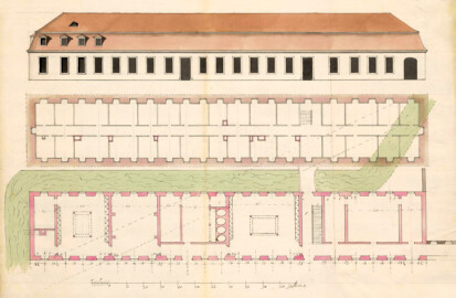 Schloss und Schlossgarten Schwetzingen - Bauplan für das Backhaus und die Hofküche / Pigage: Entwurf für den Küchenbau, 1761 (Herkunft: Generallandesarchiv Karlsruhe, 221 Nr. 71 K 1 , https://www.landesarchiv-bw.de/plink/?f=4-5608074-1, Public Domain Mark 1.0 Universell)