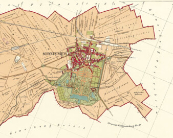 Schloss und Schlossgarten Schwetzingen -  Ausschnitt aus dem Übersichtsplan Gemarkung Schwetzingen, Vermessung 1878, Zeichnung 1879, Druck 1880 (Bildnachweis: Generallandesarchiv Karlsruhe H-1 Nr. 1731, http://www.landesarchiv-bw.de/plink/?f=4-469507)