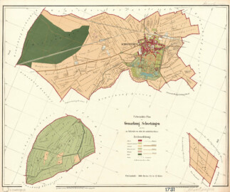 Schloss und Schlossgarten Schwetzingen -  Übersichtsplan Gemarkung Schwetzingen, Vermessung 1878, Zeichnung 1879, Druck 1880 (Bildnachweis: Generallandesarchiv Karlsruhe H-1 Nr. 1731, http://www.landesarchiv-bw.de/plink/?f=4-469507)