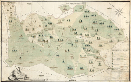 Schloss und Schlossgarten Schwetzingen - Die Haard, renoviert Anno 1782, zwischen 1782 und 1839 (Kartograph: Peter Dewarat (ca. 1740 bis 1800), Blatt: 163 x 256 cm, Orientierung: Nordost, koloriert) (Forstkarte, Grenzsteine mit Nr., Winkeln und Graden. Walddistrikte mit Nr., Namen und Größe eingetragen. Einzelne Walddistrikte mit Baumsiglen, die Alter, Art (Eichen, Forlen) und Zustand der Bäume anzeigen, Bodenbeschaffenheit angegeben. Höhenunterschiede farbig. Einige Distrikte umzäunt (Schonungen). Gewässer, Brücken, mehrere Ziehbrunnen, Wiesen, Salzlecken und Wege eingezeichnet. In Distrikt Nr. 1 Sternallee in Richtung Schwetzingen, in Distrikt Nr. 24 Jagdhaus im Grundriß, Jagdrevier mit mehreren Rehen, Hirschen und Hochsitz, in Distrikt Nr. 26 eine Herde mit Schäfer, Oftersheimer Kühbrunnen, in Distrikt Nr. 29 "Rudera" des" schönen Hauses", in Distrikt Nr. 37 Schäfer, Schafherde und ein Hund sowie Talschützenhaus als Ansicht gezeichnet. Außerhalb der Karte Ansichten folgender Orte: Schwetzingen, Oftersheim, Bruchhausen, Sandhausen, St. Ilgen ("St. Ottilia"), Hockenheim, Reilingen mit "alt Schloß Wersau" und Walldorf mit Entfernungsangaben. Titelkartusche (schwarzweiß), Titel auf einen Felsen geschrieben, dahinter gebündelte Baumstämme, daneben Stein mit Relief (vier Personen), rechts neben der Kartusche ein Grenzstein mit der Aufschrift "C. P. 1782", Wappen (wittelsbachische Rauten) und "Nr. 228". Angrenzende Waldungen und Gemarkungen benannt) (Bildnachweis: Generallandesarchiv Karlsruhe H Hardt HD 3, ttp://www.landesarchiv-bw.de/plink/?f=4-1708699, gemneinfrei)