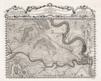 Schloss und Schlossgarten Schwetzingen -  Übersichtsplan / Umgebungsplan Schwetzingen, 1773; Basis novae chartae Palatinae auspiciis, impensis, et imperio Clementissimo Ser. mi ac Potmi Principis Electoris Palatini Caroli Theodori descripta; Christian Mayer, Probeblatt zur Charta Palatina, gestochen E. Vevelst, Kupferstecher Mannheim; Die topographische Karte umfaßt das Gebiet links: Rohrbach / Heidelberg, rechts: Rheingönnheim / Mannheim, oben: Oftersheim / Ketsch, unten: Schriesheim / Käfertal. Höhenunterschiede mit Schraffen. Wald (stilisiert gezeichnete Bäume), Reben, Felder, baumbestandene Straßen, Wege und Gewässer (Rhein mit Inseln, Neckar) eingezeichnet. Orte im Grundriß mit Straßenzügen, Mannheim als Befestigungsanlage mit Brücke und Brückenkopf über dem Rhein, Ladenburg befestigt, Schwetzingen mit Gartenanlage. Titel in barockem Rahmen, rechts und links davon Legende (Bildnachweis: Generallandesarchiv H Mannheim 163, http://www.landesarchiv-bw.de/plink/?f=4-1723815)