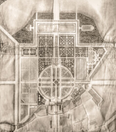 Schloss und Schlossgarten Schwetzingen - Lageplan der Gartenanlagen des Schlosses, Datierung unbekannt; vermutlich Ausführungsplan für die Gartenerweiterung, um 1766 (gemäß der Disseration von Irene Schmidt,  1934) (Herkunft: Staatsarchiv Ludwigsburg, EL 228 a II Nr 590, https://www.landesarchiv-bw.de/plink/?f=2-1109195-1, Namensnennung 3.0 Deutschland / CC BY 3.0 DE)