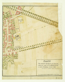 Schloss und Schlossgarten Schwetzingen - Plan "Grund=Riss / Von einem Theil Schwetzingen gegen Mannheim mit der Allée welche von dem Churfürstlichen garten auf die Mannheimer Chaussée stoßet. aufgenommen von J: Lacher artillerie Lieutenanten 1773" - Batt'sche Sammlung - Signatur Graph.Slg. A_0458 - 1773 - Universitätsbibliothek Heidelberg - https://heidicon.ub.uni-heidelberg.de#/detail/709207 - Public Domain