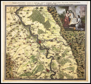 Schloss und Schlossgarten Schwetzingen - Karte der Pfalz, um 1780, Blatt 1, Norden  (Bildnachweis: "Christian Mayer, Aegid Verhelst, Carl Theodor: Charta Palatina Jussu Et Auspiciis Serenmi. Ac Potentmi. Electoris Palatini D. R. Bavariae Caroli Theodori Mannhemio Basileam Usque Producta, ca. 1780" - https://de.wikipedia.org/wiki/Datei:Mannheim_und_Umgebung_Charta_Palatina_von_C_Mayer_um_1775.jpg - Gemeinfrei)
