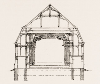 Schloss und Schlossgarten Schwetzingen - Schlosstheater - Zeichnung von Nicolas de Pigage - Querschnitt durch das Theater gegen die Bühne - Datierung: wohl 1770er Jahre - Altertumsverein Mannheim (Bildnachweis: Die Kunstdenkmäler des Amtsbezirks Mannheim – Stadt Schwetzingen – 1933)