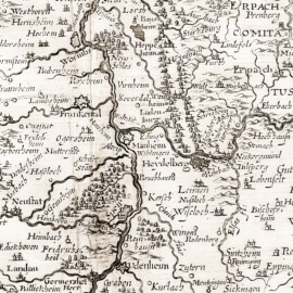 Schloss und Schlossgarten Schwetzingen - Ausschnitt mit Schwetzingen (nicht eingezeichnet) im Zentrum aus der Merian-Karte "Topographia Palatinatus Rheni et vicinarum Regionum",  1645 - ca. 1672 (Bildnachweis: Übersichtskarte des Bandes "Martin Zeiller &  Matthäus Merian - Topographia Palatinatus Rheni et vicinarum Regionum - Das ist, Beschreibung vnd Eigentliche Abbildung der Vornemsten Statte, Plätz der Vntern Pfaltz am Rhein Vnd Benachbarten Landschafften, als der Bistümer Wormbs Vnd Speÿer, der Bergstraß, des Wessterreichs, Hundsrücks, Zweÿbrüggen, etc. — 1645 / ca. 1672"  der 16 bändigen Buchreihe "Topographia Germaniae" des Matthäus Merian (Stiche) und Martin Zeiller (Texte)) - UB Heidelberg - https://doi.org/10.11588/diglit.14568 - Public Domain)