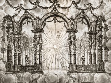 Schloss und Schlossgarten Schwetzingen - Schlosstheater - Der Sonnentempel aus der "Zauberflöte" - Aquarell des Bühnenmalers J. Quaglio - Fotograf: W. Schultz, Mannheim (Bildnachweis: Abb. 24 auf Seite 35 des Buchs "Hans Möhrle: Das Schwetzinger Schloß-Theater – 1938") Schloss und Schlossgarten Schwetzingen - Schlosstheater - Der Sonnentempel aus der "Zauberflöte" - Aquarell des Bühnenmalers J. Quaglio - Fotograf: W. Schultz, Mannheim (Bildnachweis: Abb. 24 auf Seite 35 des Buchs "Hans Möhrle: Das Schwetzinger Schloß-Theater – 1938")