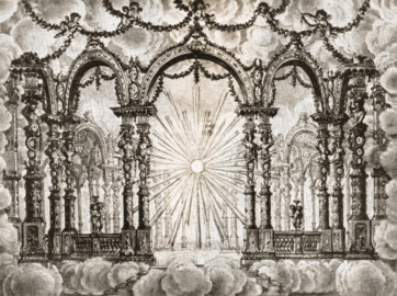 Schloss und Schlossgarten Schwetzingen - Schlosstheater - Der Sonnentempel aus der "Zauberflöte" - Aquarell des Bühnenmalers J. Quaglio - Fotograf: W. Schultz, Mannheim (Bildnachweis: Abb. 24 auf Seite 35 des Buchs "Hans Möhrle: Das Schwetzinger Schloß-Theater – 1938") Schloss und Schlossgarten Schwetzingen - Schlosstheater - Der Sonnentempel aus der "Zauberflöte" - Aquarell des Bühnenmalers J. Quaglio - Fotograf: W. Schultz, Mannheim (Bildnachweis: Abb. 24 auf Seite 35 des Buchs "Hans Möhrle: Das Schwetzinger Schloß-Theater – 1938")