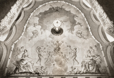 Schloss und Schlossgarten Schwetzingen - Schlosstheater - Deckengemälde - Fotografie: Atelier Falk, Mannheim (Bildnachweis: Abb. 17 auf Seite 29 des Buchs "Hans Möhrle: Das Schwetzinger Schloß-Theater – 1938") Schloss und Schlossgarten Schwetzingen - Schlosstheater - Deckengemälde - Fotografie: Atelier Falk, Mannheim (Bildnachweis: Abb. 17 auf Seite 29 des Buchs "Hans Möhrle: Das Schwetzinger Schloß-Theater – 1938")