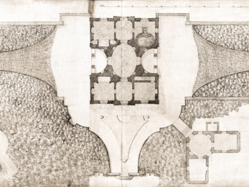Schloss und Schlossgarten Schwetzingen - Garten - Badhaus - Grundriss des Badhauses - Ausschnitt aus dem Badhausplan von Nicolas de Pigage, Federzeichnung, 45,6 x 186,0 Zentimeter (Bildnachweis: Inv.-Nr. SZ-01-05-5 © Bayerische Schlösserverwaltung, Plansammlung der Gärtenabteilung; mit freundlicher Genehmigung der Bayerischen Schlösserverwaltung)