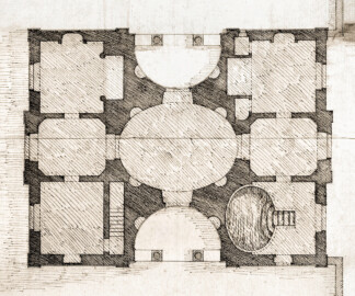Schloss und Schlossgarten Schwetzingen - Garten - Badhaus - Grundriss des Badhauses - Ausschnitt (um 90 Grad im Uhrzeigersinn gedreht) aus dem Badhausplan von Nicolas de Pigage, Federzeichnung, 45,6 x 186,0 Zentimeter (Bildnachweis: Inv.-Nr. SZ-01-05-5 © Bayerische Schlösserverwaltung, Plansammlung der Gärtenabteilung; mit freundlicher Genehmigung der Bayerischen Schlösserverwaltung)