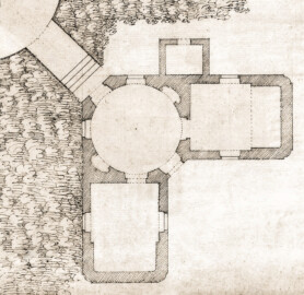 Schloss und Schlossgarten Schwetzingen - Garten - Badhausanlage - Badhausküche - Grundriss der Badhausküche - Ausschnitt aus dem Badhausplan von Nicolas de Pigage, Federzeichnung, 45,6 x 186,0 Zentimeter (Bildnachweis: Inv.-Nr. SZ-01-05-5 © Bayerische Schlösserverwaltung, Plansammlung der Gärtenabteilung; mit freundlicher Genehmigung der Bayerischen Schlösserverwaltung) Schloss und Schlossgarten Schwetzingen - Garten - Badhausanlage - Badhausküche - Grundriss der Badhausküche - Ausschnitt aus dem Badhausplan von Nicolas de Pigage, Federzeichnung, 45,6 x 186,0 Zentimeter (Bildnachweis: Inv.-Nr. SZ-01-05-5 © Bayerische Schlösserverwaltung, Plansammlung der Gärtenabteilung; mit freundlicher Genehmigung der Bayerischen Schlösserverwaltung)