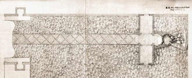 Schloss und Schlossgarten Schwetzingen - Garten - Perspektiv / Ende der Welt - Plan des Perspektivs - Ausschnitt aus dem Badhausplan von Nicolas de Pigage, Federzeichnung, 45,6 x 186,0 Zentimeter (Bildnachweis: Inv.-Nr. SZ-01-05-5 © Bayerische Schlösserverwaltung, Plansammlung der Gärtenabteilung; mit freundlicher Genehmigung der Bayerischen Schlösserverwaltung) Schloss und Schlossgarten Schwetzingen - Garten - Perspektiv / Ende der Welt - Plan des Perspektivs - Ausschnitt aus dem Badhausplan von Nicolas de Pigage, Federzeichnung, 45,6 x 186,0 Zentimeter (Bildnachweis: Inv.-Nr. SZ-01-05-5 © Bayerische Schlösserverwaltung, Plansammlung der Gärtenabteilung; mit freundlicher Genehmigung der Bayerischen Schlösserverwaltung)