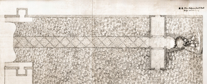 Schloss und Schlossgarten Schwetzingen - Garten - Perspektiv / Ende der Welt - Plan des Perspektivs - Ausschnitt aus dem Badhausplan von Nicolas de Pigage, Federzeichnung, 45,6 x 186,0 Zentimeter (Bildnachweis: Inv.-Nr. SZ-01-05-5 © Bayerische Schlösserverwaltung, Plansammlung der Gärtenabteilung; mit freundlicher Genehmigung der Bayerischen Schlösserverwaltung) Schloss und Schlossgarten Schwetzingen - Garten - Perspektiv / Ende der Welt - Plan des Perspektivs - Ausschnitt aus dem Badhausplan von Nicolas de Pigage, Federzeichnung, 45,6 x 186,0 Zentimeter (Bildnachweis: Inv.-Nr. SZ-01-05-5 © Bayerische Schlösserverwaltung, Plansammlung der Gärtenabteilung; mit freundlicher Genehmigung der Bayerischen Schlösserverwaltung)