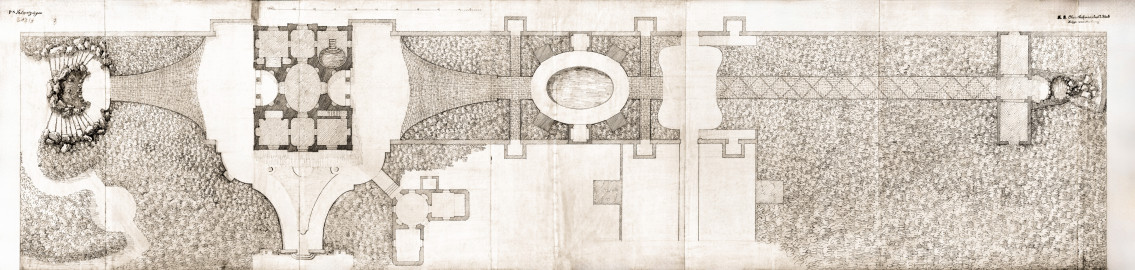Schloss und Schlossgarten Schwetzingen - Garten - Badhausanlage - Badhausplan von Nicolas de Pigage, Federzeichnung, 45,6 x 186,0 Zentimeter (Bildnachweis: Inv.-Nr. SZ-01-05-5 © Bayerische Schlösserverwaltung, Plansammlung der Gärtenabteilung; mit freundlicher Genehmigung der Bayerischen Schlösserverwaltung) Schloss und Schlossgarten Schwetzingen - Garten - Badhausanlage - Badhausplan von Nicolas de Pigage, Federzeichnung, 45,6 x 186,0 Zentimeter (Bildnachweis: Inv.-Nr. SZ-01-05-5 © Bayerische Schlösserverwaltung, Plansammlung der Gärtenabteilung; mit freundlicher Genehmigung der Bayerischen Schlösserverwaltung)