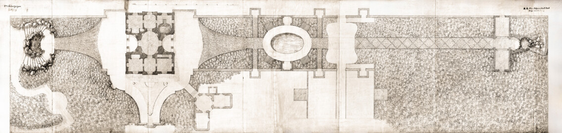 Schloss und Schlossgarten Schwetzingen - Garten - Badhausanlage - Badhausplan von Nicolas de Pigage, Federzeichnung, 45,6 x 186,0 Zentimeter (Bildnachweis: Inv.-Nr. SZ-01-05-5 © Bayerische Schlösserverwaltung, Plansammlung der Gärtenabteilung; mit freundlicher Genehmigung der Bayerischen Schlösserverwaltung)