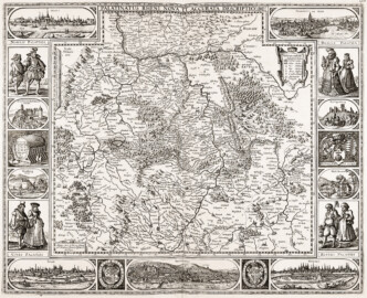 Schloss und Schlossgarten Schwetzingen - Karte "Palatinatus Rheni Nova Et Accurata Descriptio" / Neue und genaue Beschreibung der Pfalzgrafschaft bei Rhein, 1652  (Kartograf: Claes Janszoon Visscher (1587-1652); Bildnachweis: Wikimedia Commons, https://commons.wikimedia.org/wiki/File:Palatinatus_Rheni_nova_et_accurata_descriptio_-_CBT_5877555.jpg - Gemeinfrei)