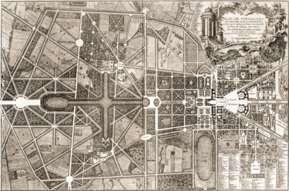 Schloss und Schlossgarten Schwetzingen - Plan de Versailles, du petit parc, et de ses dependances où sont marqués les emplacemens de chaque maison de cette ville, les plans du Château, et des hôtels, et les distributions des jardins et bosquets - 1746 (Geograph: Jean Delagrive (1689-1757); Bildnachweis: https://de.wikipedia.org/wiki/Datei:Plan_de_Versailles_-_Gesamtplan_von_Delagrife_1746.jpg - Gemeinfrei)