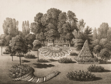 Schloss und Schlossgarten Schwetzingen - Muskauer Park: Aussicht auf die Blumengärten vom Turmbalkon des Schlosses aus - Tafel 12 des Buchs "Hermann von Pückler-Muskau: Andeutungen über Landschaftsgärtnerei - Verbunden mit der Beschreibung ihrer praktischen Anwendung in Muskau - 1834" (Bildnachweis: https://doi.org/10.11588/diglit.1669, gemeinfrei) Schloss und Schlossgarten Schwetzingen - Muskauer Park: Aussicht auf die Blumengärten vom Turmbalkon des Schlosses aus - Tafel 12 des Buchs "Hermann von Pückler-Muskau: Andeutungen über Landschaftsgärtnerei - Verbunden mit der Beschreibung ihrer praktischen Anwendung in Muskau - 1834" (Bildnachweis: https://doi.org/10.11588/diglit.1669, gemeinfrei)