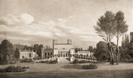 Schloss und Schlossgarten Schwetzingen - Muskauer Park: Ansicht der Rampe und des Schlosses vom bowling green aus gesehen - Tafel 15 des Buchs "Hermann von Pückler-Muskau: Andeutungen über Landschaftsgärtnerei - Verbunden mit der Beschreibung ihrer praktischen Anwendung in Muskau - 1834" (Bildnachweis: https://doi.org/10.11588/diglit.1669, gemeinfrei) Schloss und Schlossgarten Schwetzingen - Muskauer Park: Ansicht der Rampe und des Schlosses vom bowling green aus gesehen - Tafel 15 des Buchs "Hermann von Pückler-Muskau: Andeutungen über Landschaftsgärtnerei - Verbunden mit der Beschreibung ihrer praktischen Anwendung in Muskau - 1834" (Bildnachweis: https://doi.org/10.11588/diglit.1669, gemeinfrei)