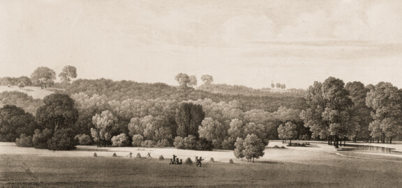 Schloss und Schlossgarten Schwetzingen - Muskauer Park: zweite Aussicht von der Gloriette auf einen weiten Wiesengrund - Tafel 18 des Buchs "Hermann von Pückler-Muskau: Andeutungen über Landschaftsgärtnerei - Verbunden mit der Beschreibung ihrer praktischen Anwendung in Muskau - 1834" (Bildnachweis: https://doi.org/10.11588/diglit.1669, gemeinfrei) Schloss und Schlossgarten Schwetzingen - Muskauer Park: zweite Aussicht von der Gloriette auf einen weiten Wiesengrund - Tafel 18 des Buchs "Hermann von Pückler-Muskau: Andeutungen über Landschaftsgärtnerei - Verbunden mit der Beschreibung ihrer praktischen Anwendung in Muskau - 1834" (Bildnachweis: https://doi.org/10.11588/diglit.1669, gemeinfrei)