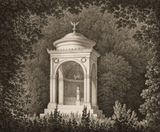 Schloss und Schlossgarten Schwetzingen - Muskauer Park: Tempel der Beharrlichkeit mit der Büste Friedrich Wilhelms III - Tafel 23 des Buchs "Hermann von Pückler-Muskau: Andeutungen über Landschaftsgärtnerei - Verbunden mit der Beschreibung ihrer praktischen Anwendung in Muskau - 1834" (Bildnachweis: https://doi.org/10.11588/diglit.1669, gemeinfrei) Schloss und Schlossgarten Schwetzingen - Muskauer Park: Tempel der Beharrlichkeit mit der Büste Friedrich Wilhelms III - Tafel 23 des Buchs "Hermann von Pückler-Muskau: Andeutungen über Landschaftsgärtnerei - Verbunden mit der Beschreibung ihrer praktischen Anwendung in Muskau - 1834" (Bildnachweis: https://doi.org/10.11588/diglit.1669, gemeinfrei)