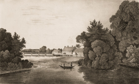 Schloss und Schlossgarten Schwetzingen - Muskauer Park: Ansicht der Mühle von der Doppelbrücke aus gesehen - Tafel 30 des Buchs "Hermann von Pückler-Muskau: Andeutungen über Landschaftsgärtnerei - Verbunden mit der Beschreibung ihrer praktischen Anwendung in Muskau - 1834" (Bildnachweis: https://doi.org/10.11588/diglit.1669, gemeinfrei) Schloss und Schlossgarten Schwetzingen - Muskauer Park: Ansicht der Mühle von der Doppelbrücke aus gesehen - Tafel 30 des Buchs "Hermann von Pückler-Muskau: Andeutungen über Landschaftsgärtnerei - Verbunden mit der Beschreibung ihrer praktischen Anwendung in Muskau - 1834" (Bildnachweis: https://doi.org/10.11588/diglit.1669, gemeinfrei)