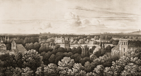 Schloss und Schlossgarten Schwetzingen - Muskauer Park: Blick vom Bauernhaus "Sorgenfrei" auf die Strassen der Stadt, das Schloss, den Lucie-See und die Blumengärten - Tafel 32 des Buchs "Hermann von Pückler-Muskau: Andeutungen über Landschaftsgärtnerei - Verbunden mit der Beschreibung ihrer praktischen Anwendung in Muskau - 1834" (Bildnachweis: https://doi.org/10.11588/diglit.1669, gemeinfrei) Schloss und Schlossgarten Schwetzingen - Muskauer Park: Blick vom Bauernhaus "Sorgenfrei" auf die Strassen der Stadt, das Schloss, den Lucie-See und die Blumengärten - Tafel 32 des Buchs "Hermann von Pückler-Muskau: Andeutungen über Landschaftsgärtnerei - Verbunden mit der Beschreibung ihrer praktischen Anwendung in Muskau - 1834" (Bildnachweis: https://doi.org/10.11588/diglit.1669, gemeinfrei)