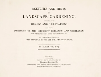 Schloss und Schlossgarten Schwetzingen - Titelblatt des Buchs "Humphry Repton - Sketches and hints on landscape gardening - 1794" (Bildnachweis:  University of Wisconsin, https://digital.library.wisc.edu/1711.dl/GRI3MYTLTX2GJ86, gemeinfrei)