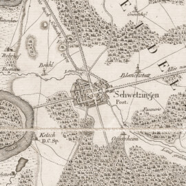Schloss und Schlossgarten Schwetzingen - Ausschnitt (Schwetzingen und Umgebung) des ersten Blattes der sechsblättrigen Kartenfolge: Kriegs Theater Der Teutschen Und Franzoesischen Graenzlanden Zwischen Dem Rhein und der Mosel Im Iahr 1794 - Blatt: ca. 79 × 60,5 cm, Maßstab: ca. 1 : 90.000 - Kartograph: Peter Dewarat (ca. 1740 bis 1800), Kupferstecher: Friedrich Leizelt (nachgewiesene Schaffenszeit: etwa 1750–1800), Herausgeber: Ludwig Christian Rheinwald (1763-1811 oder 1841) (Bildnachweis: Rheinwald, Johann Ludwig Christian [Hrsg.]; Dewarat, Peter [Bearb.]; Leizelt, Balthasar Friedrich [Bearb.]: Kriegs Theater Der Teutschen Und Franzoesischen Graenzlanden Zwischen Dem Rhein und der Mosel Im Iahr 1794 (Karte 1), https://doi.org/10.11588/diglit.51017#0003, gemeinfrei)