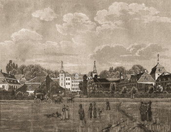Schloss und Schlossgarten Schwetzingen - Tafel "Das Schwetzinger Schloss" - Auszug aus "Conrad Caspar Rordorf: Wegweiser durch den Schwetzinger Garten - Mit zwölf Ansichten - Heidelberg - 1830" - Universitätsbibliothek Heidelberg - https://doi.org/10.11588/diglit.4178#0001 - Public Domain