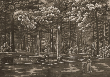 Schloss und Schlossgarten Schwetzingen - Tafel "Bassin mit Kindergruppen im Schwetzinger Garten" - Auszug aus "Conrad Caspar Rordorf: Wegweiser durch den Schwetzinger Garten - Mit zwölf Ansichten - Heidelberg - 1830" - Universitätsbibliothek Heidelberg - https://doi.org/10.11588/diglit.4178#0012 - Public Domain