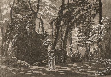 Schloss und Schlossgarten Schwetzingen - Tafel "Pan auf einem Felsen im Schwetzinger Garten" - Auszug aus "Conrad Caspar Rordorf: Wegweiser durch den Schwetzinger Garten - Mit zwölf Ansichten - Heidelberg - 1830" - Universitätsbibliothek Heidelberg - https://doi.org/10.11588/diglit.4178#0015 - Public Domain