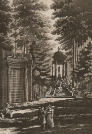 Schloss und Schlossgarten Schwetzingen - Tafel "Der Apollo-Tempel im Schwetzinger Garten" - Auszug aus "Conrad Caspar Rordorf: Wegweiser durch den Schwetzinger Garten - Mit zwölf Ansichten - Heidelberg - 1830" - Universitätsbibliothek Heidelberg - https://doi.org/10.11588/diglit.4178#0016 - Public Domain