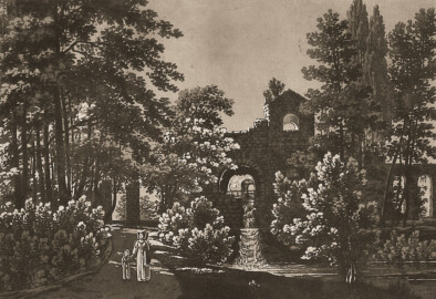 Schloss und Schlossgarten Schwetzingen - Tafel "Ruine einer römischen Wasserleitung im Schwetzinger Garten" - Auszug aus "Conrad Caspar Rordorf: Wegweiser durch den Schwetzinger Garten - Mit zwölf Ansichten - Heidelberg - 1830" - Universitätsbibliothek Heidelberg - https://doi.org/10.11588/diglit.4178#0023 - Public Domain