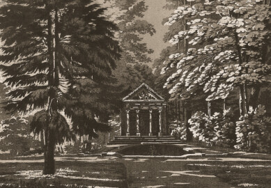 Schloss und Schlossgarten Schwetzingen - Tafel "Tempel der Minerva im Schwetzinger Garten" - Auszug aus "Conrad Caspar Rordorf: Wegweiser durch den Schwetzinger Garten - Mit zwölf Ansichten - Heidelberg - 1830" - Universitätsbibliothek Heidelberg - https://doi.org/10.11588/diglit.4178#0026 - Public Domain