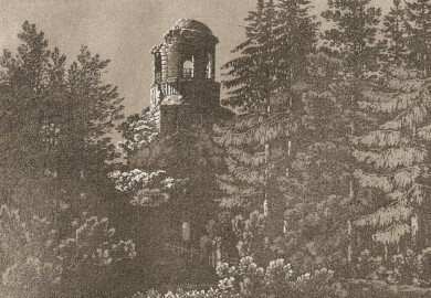 Schloss und Schlossgarten Schwetzingen - Tafel "Ruine des Mercur-Tempels im Schwetzinger Garten" - Auszug aus "Conrad Caspar Rordorf: Wegweiser durch den Schwetzinger Garten - Mit zwölf Ansichten - Heidelberg - 1830" - Universitätsbibliothek Heidelberg - https://doi.org/10.11588/diglit.4178#0030 - Public Domain