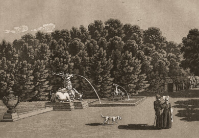 Schloss und Schlossgarten Schwetzingen - Tafel "Das Hirsch-Bassin im Schwetzinger Garten" - Auszug aus "Conrad Caspar Rordorf: Wegweiser durch den Schwetzinger Garten - Mit zwölf Ansichten - Heidelberg - 1830" - Universitätsbibliothek Heidelberg - https://doi.org/10.11588/diglit.4178#0033 - Public Domain
