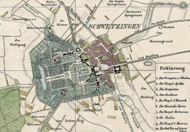 Schloss und Schlossgarten Schwetzingen - Karte von Schwetzingen um 1850 - Ausschnitt aus "H. Straub: Heidelberg und Schwetzingen - Mit ihren Umgebungen, im Maaßstabe 1/20000 der natürl. Gr. nach den neuesten Aufnahmen gezeichnet - ca. 1850" (Bildnachweis: Uni Heidelberg, https://doi.org/10.11588/diglit.22382)