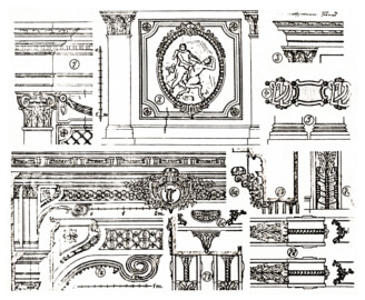 Schloss und Schlossgarten Schwetzingen - Schlosstheater - Zeichnung von Karl Freund, 1924 - Details des Inneren (Bildnachweis: Seite 25 der Beilagen der Dissertation "Karl Freund: Churpfälzische Schloss- und Hoftheater (Heidelberg, Mannheim und Schwetzingen) in der Geschichte des Theaterbaues, der Bühnentechnik, Dekoration, Beleuchtung und des Kostüms in Italien, Frankreich, England und Deutschland – 1924"; Reproduktion durch Dr. Manfred Schneider, Februar 2025)