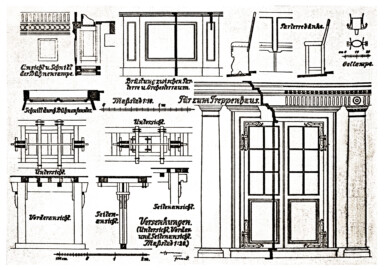 Schloss und Schlossgarten Schwetzingen - Schlosstheater - Zeichnung von Karl Freund, 1924 - Ansicht und Schnitt der Bühnenrampe / Brüstung zwischen Parterre und Orchesterraum / Parterrebänke / Öllampe / Schnitt durch Bühnenfenster / Tür zum Treppenhaus / Versenkungen (Unter- Vorder- und Seitenansicht) (Bildnachweis: Seite 25 der Beilagen der Dissertation "Karl Freund: Churpfälzische Schloss- und Hoftheater (Heidelberg, Mannheim und Schwetzingen) in der Geschichte des Theaterbaues, der Bühnentechnik, Dekoration, Beleuchtung und des Kostüms in Italien, Frankreich, England und Deutschland – 1924"; Reproduktion durch Dr. Manfred Schneider, Februar 2025)