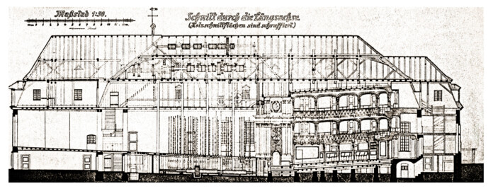 Schloss und Schlossgarten Schwetzingen - Schlosstheater - Zeichnung von Karl Freund, 1924 - Schnitt durch die Längsachse (Holzschnittflächen sind schraffiert) (Bildnachweis: Seite 22 der Beilagen der Dissertation "Karl Freund: Churpfälzische Schloss- und Hoftheater (Heidelberg, Mannheim und Schwetzingen) in der Geschichte des Theaterbaues, der Bühnentechnik, Dekoration, Beleuchtung und des Kostüms in Italien, Frankreich, England und Deutschland – 1924"; Reproduktion durch Dr. Manfred Schneider, Februar 2025)