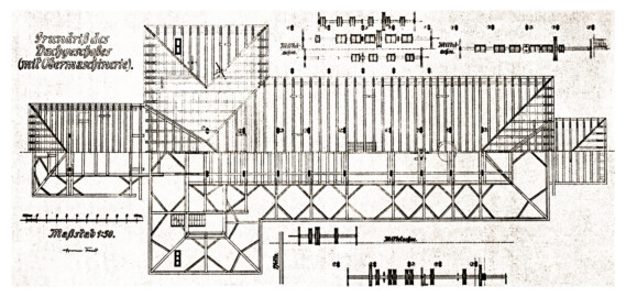 Schloss und Schlossgarten Schwetzingen - Schlosstheater - Zeichnung von Karl Freund, 1924 - Grundriss des Dachgeschosses (mit Obermaschinerie) (Bildnachweis: Seite 21 der Beilagen der Dissertation "Karl Freund: Churpfälzische Schloss- und Hoftheater (Heidelberg, Mannheim und Schwetzingen) in der Geschichte des Theaterbaues, der Bühnentechnik, Dekoration, Beleuchtung und des Kostüms in Italien, Frankreich, England und Deutschland – 1924"; Reproduktion durch Dr. Manfred Schneider, Februar 2025)