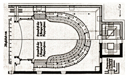 Schloss und Schlossgarten Schwetzingen - Schlosstheater - Zeichnung von Karl Freund, 1924 - Grundriss des 1. Ranges mit Treppenhaus / Grundriss des 2. Ranges mit Treppenhaus / Eingang zum Dachgeschoss des Zirkelhauses (Bildnachweis: Seite 21 der Beilagen der Dissertation "Karl Freund: Churpfälzische Schloss- und Hoftheater (Heidelberg, Mannheim und Schwetzingen) in der Geschichte des Theaterbaues, der Bühnentechnik, Dekoration, Beleuchtung und des Kostüms in Italien, Frankreich, England und Deutschland – 1924"; Reproduktion durch Dr. Manfred Schneider, Februar 2025)